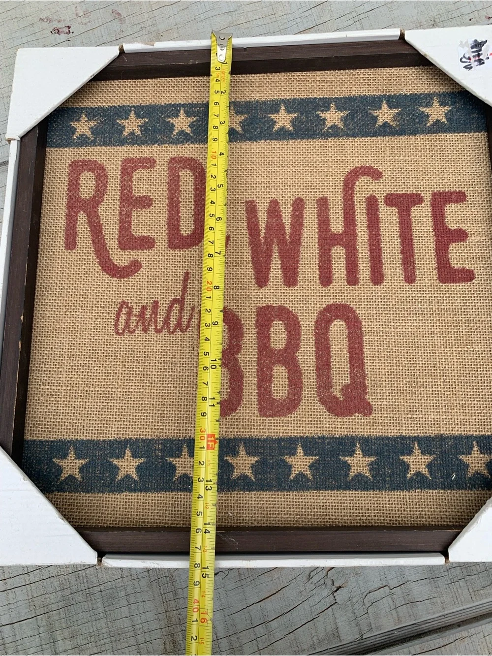 Red White and BBQ Wood Framed Sign Rustic Burlap Patriotic Americana Wall Art